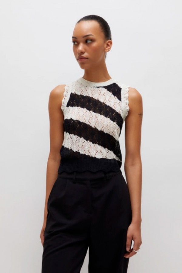 STRIPED POINTELLE KNIT TOP BLACK AND WHITE